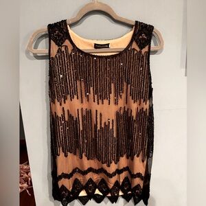 Black and Tan Sequin Lace Fringe Blouse